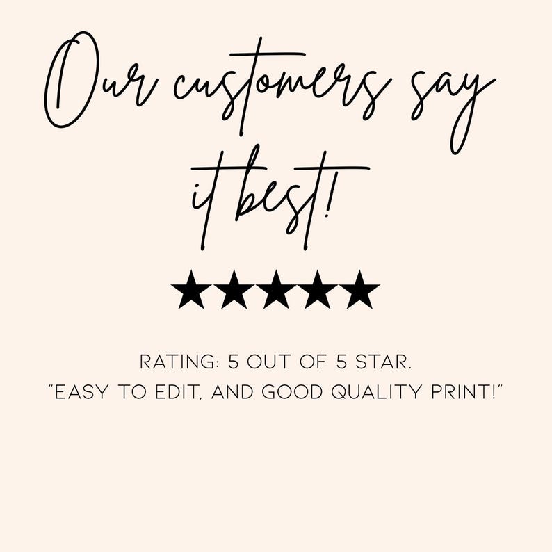 Op de afbeelding: Een cr&egrave;mekleurige afbeelding met de tekst "Our customers say it best!" in een handgeschreven lettertype. Onder de tekst staan vijf zwarte sterren, de beoordeling is 5 van de 5 sterren. Het citaat luidt: "Gemakkelijk te bewerken en goede afdrukkwaliteit!"