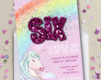 Editable Unicorn Six Birthday Invitation • Sequin Letter 6th Birthday Invite • Magical Rainbow Pastel Canva Template • Girl Birthday Party