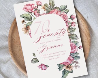 Editable Floral 70th Birthday Invitation Template • Pink Watercolor Flowers • Elegant Woman’s Milestone Birthday Invite • Instant Download