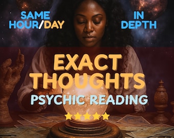 May include: An image promoting psychic readings. It features a woman with closed eyes, a glowing crystal ball, and the text "EXACT THOUGHTS PSYCHIC READING." The background includes celestial spheres and tarot cards.