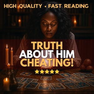 May include: An image featuring a woman with closed eyes, a crystal ball, and tarot cards on a wooden table. The text reads "TRUTH ABOUT HIM CHEATING!" with the words "HIGH QUALITY • FAST READING" at the top.