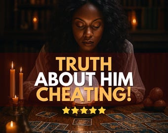 May include: An image featuring a woman with closed eyes, a crystal ball, and tarot cards on a wooden table. The text reads "TRUTH ABOUT HIM CHEATING!" with the words "HIGH QUALITY • FAST READING" at the top.