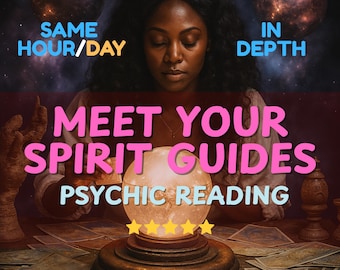 May include: An image promoting psychic readings. It features a woman with closed eyes, a glowing crystal ball, and text that reads "Meet Your Spirit Guides" and "Psychic Reading." The background includes celestial orbs and tarot cards.