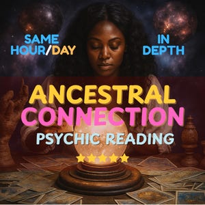 May include: An image featuring a woman with closed eyes, with text that reads "Same Hour/Day" and "In Depth". The image also includes the words "Ancestral Connection Psychic Reading" and a glowing crystal ball.