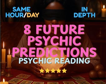 May include: A psychic reading scene featuring a person with a blindfold, holding a glowing crystal ball. The image includes text: "8 Future Psychic Predictions Psychic Reading", "Same Hour/Day In Depth". Tarot cards and candles are on the table.