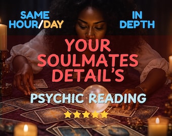 May include: A woman with dark hair and a white blouse is surrounded by tarot cards and candles. The image includes the text "SAME HOUR/DAY", "IN DEPTH", "YOUR SOULMATES DETAIL'S", and "PSYCHIC READING". A crystal ball and gold stars are also visible.