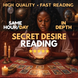 May include: An image promoting a "Secret Desire Reading" service. The image features a woman holding a glowing crystal ball, surrounded by tarot cards and lit candles. Text includes "High Quality," "Fast Reading," and "In Depth."