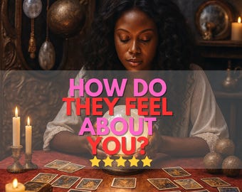 May include: An image of a woman with dark hair, seated at a table with tarot cards. The text "HOW DO THEY FEEL ABOUT YOU?" is displayed. The image also includes the text "HIGH QUALITY • FAST READING".