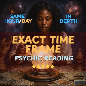 May include: An image featuring a woman with closed eyes, a glowing crystal ball, and tarot cards. Text includes "SAME HOUR/DAY", "IN DEPTH", "EXACT TIME FRAME", and "PSYCHIC READING". The image has a mystical and spiritual theme.