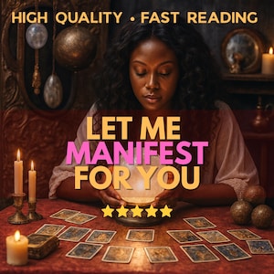 Puede incluir: Imagen de una mujer de pelo oscuro sentada a una mesa con cartas del tarot. El texto "LET ME MANIFEST FOR YOU" se muestra de forma destacada. También se ven las palabras "HIGH QUALITY • FAST READING".