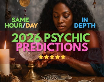 May include: A clear crystal ball on a gold-toned pedestal, a lit white candle, and scattered tarot cards. Text reads: HIGH QUALITY FAST READING, SAME HOUR/DAY, IN DEPTH, 2026 PSYCHIC PREDICTIONS, and five yellow stars.