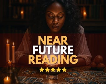 May include: An image of a woman with closed eyes, a crystal ball, and tarot cards. The text reads "HIGH QUALITY • FAST READING" and "NEAR FUTURE READING" with five gold stars. Candles and a dark background create a mystical atmosphere.
