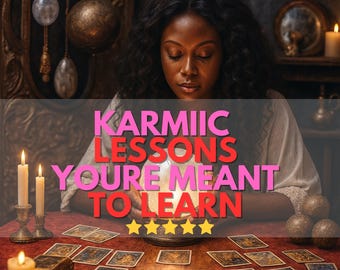 Könnte beinhalten: Ein Bild einer Frau mit dunklem Haar, Kerzen und Tarotkarten. Der Text "KARMIIC LESSONS YOURE MEANT TO LEARN" ist prominent dargestellt. Die Worte "HIGH QUALITY • FAST READING" sind ebenfalls sichtbar. Mystische Szene.