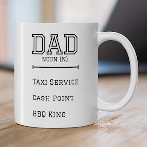 Personalised Mug on the meaning of your Dad, his noun. Custom design, name definition, perfect for a funny, novelty gift for any occassion.