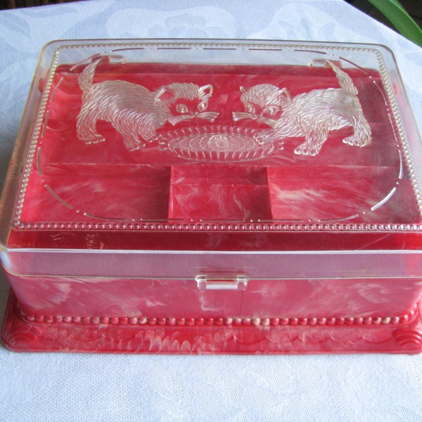 Vintage Pink Marbleized Celluloid Jewelry Box, Sewing Box, With Cats Kittens