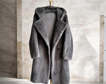Hooded Wool Teddy Coat - Stone Grey