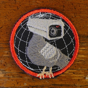 May include: A gray embroidered patch of a pigeon wearing a security camera on its head. The camera has a red light and a black lens. The pigeon is standing on a black web-like design inside a red circle.