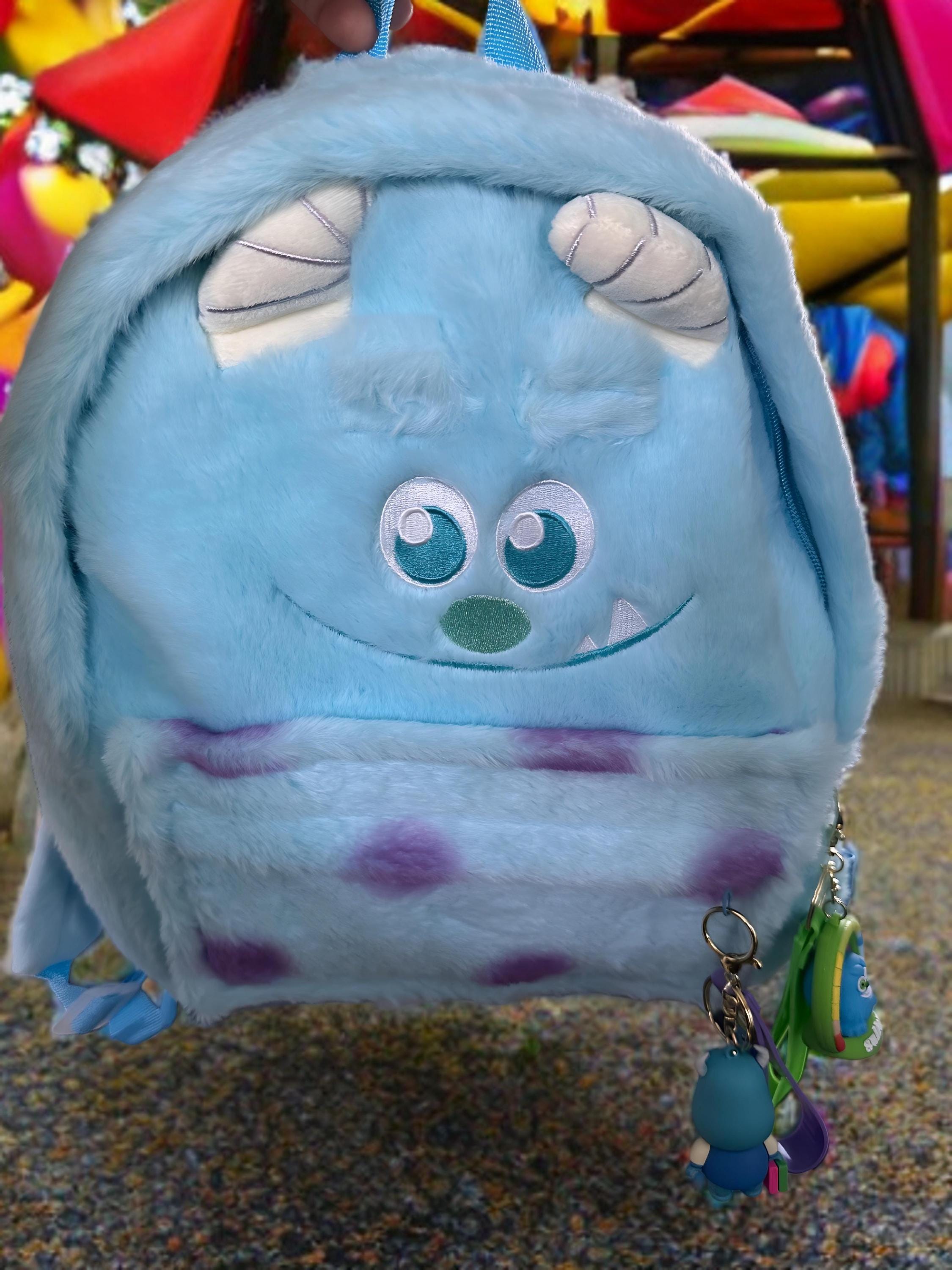 Fuzzy Blue Monster Backpack with Keychains – Sulley Inspired Bag – Plush Cartoon Bookbag for Kids or Fans