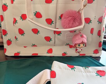 Handbag strawberry with Strawberry Shortcake Key Chain and PomPom Great as a Holiday Gift,Teacher Gift, or can also be used as lunch bag too