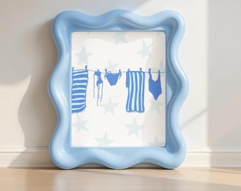 Laundry Line Coastal Art Print: Blue Stars and Bikinis Clothes Line Art Sketch - Blue Beach House Decor (Poster)