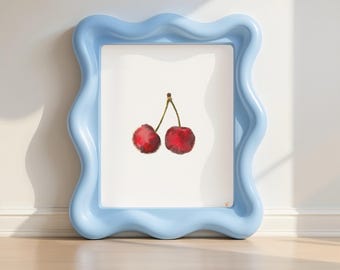 Two Cherries on Stem Watercolor Art Print - Minimalist Simple Red and White Fruit Painting