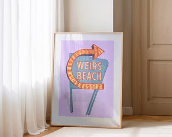 Weirs Beach Print - Purple - Orange Sign Art Poster - Quirky Colored Pencil Drawing - Laconia NH