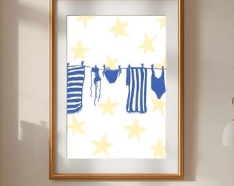 Laundry Line Yellow Art Print: Yellow Stars and Bikinis - Line Art Sketch - Blue Beach House Decor (Poster)