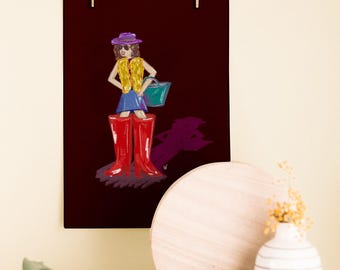New Boot Art Print: Funky Girl Red Boots Sketch - Feminine Gallery Wall Decor (Poster)