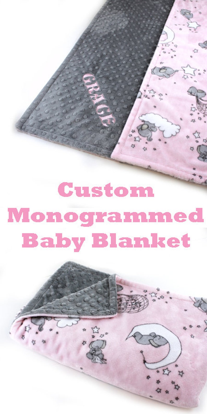 Gray Pink Elephant Baby Blanket Personalized Baby Blanket Etsy