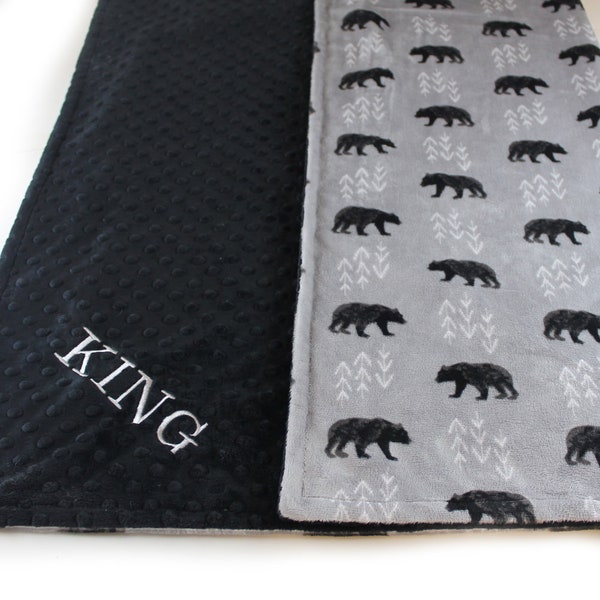 Baby Blanket or Baby Lovey, Personalized Minky Black Gray Bear Blanket, Baby Boy Blanket, Baby Gift, Baby Boy Gift, Boy Nursery