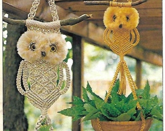 Vintage 1970s Macrame Diamond Owl Plant Hanger Pattern PDF Instant Download