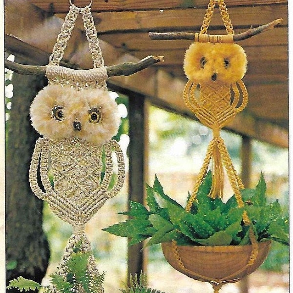 Vintage 1970s Macrame Diamond Owl Plant Hanger Pattern PDF Instant Download