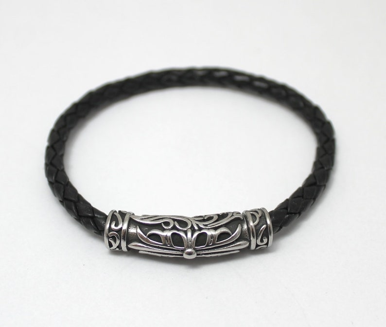 mens viking style rockers bracelet gift for him NEW Black braided leather bracelet with magnetic steel clasp great gift for him