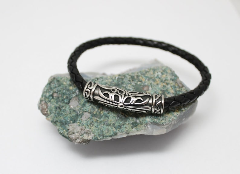mens viking style rockers bracelet gift for him NEW Black braided leather bracelet with magnetic steel clasp great gift for him