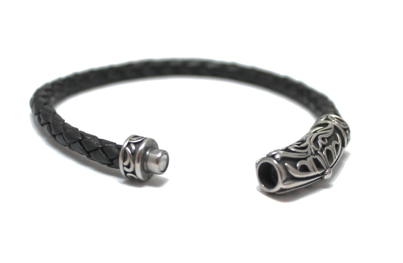 mens viking style rockers bracelet gift for him NEW Black braided leather bracelet with magnetic steel clasp great gift for him