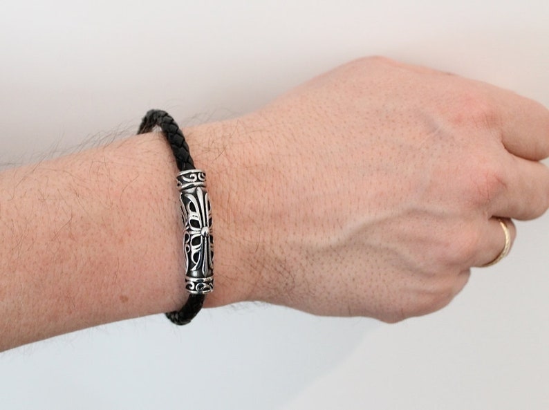 mens viking style rockers bracelet gift for him NEW Black braided leather bracelet with magnetic steel clasp great gift for him