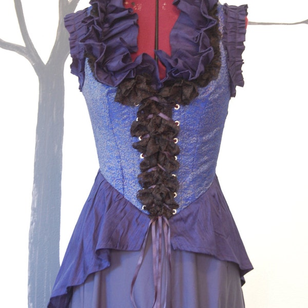 SALE Blue Steampunk victorian inspired silk and satin bodice top and skirt pair halloween costume modern wear