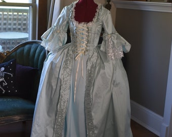 pale teal silk Marie Antoinette Victorian inspired rococo costume dress halloween masquerade 18th century