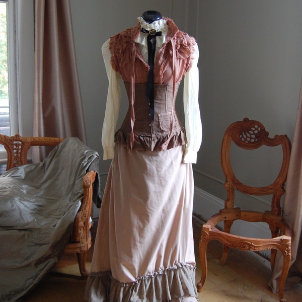 Layered victorian inspired steampunk gypsy dress tattered mixed with modern skirt top plaid corset