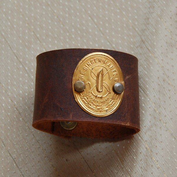 Vintage sewing machine label Victorian steampunk inspired leather cuff bracelet