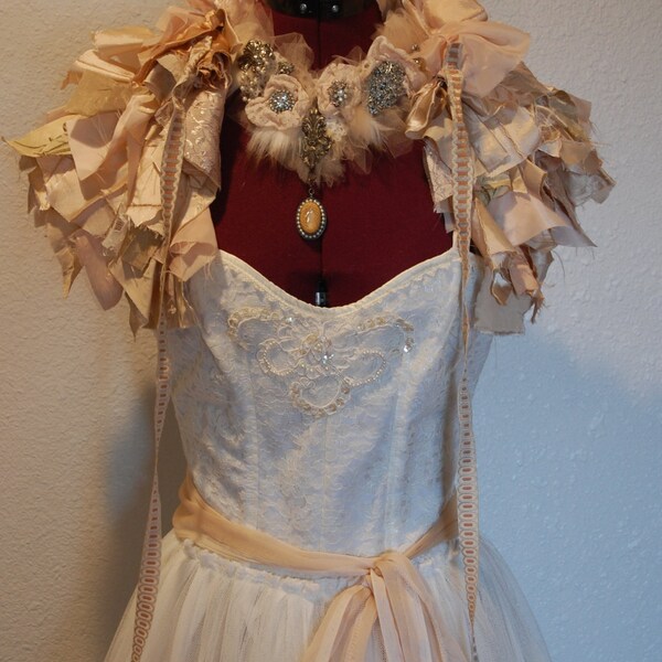 Sale Up cycled wedding tatered Victorian inspired costume halloween dress tulle tattered modern fashion with wrap bow and necklace
