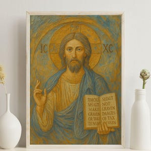 Byzantine Jesus Artwork – Sacred Textured Wall Art in Gold and Blue
