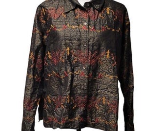 Vintage Chico's Design 100% Silk Embroidered Shacket Women's 12 Art to Wear Boho