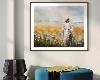 Christ in Meadow Watercolor Art Print, Religious  spiritual Jesus flowers Digital Download