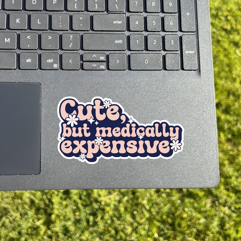 May include: A sticker on a laptop with the text "Cute, but medically expensive" in a retro font. The sticker has a navy blue border with white and pink text and floral accents. The laptop is grey, and the background is green.
