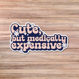 May include: A sticker with the text "Cute, but medically expensive" in a retro font. The text is in light pink and navy blue, with white daisy and star accents. The sticker is on a wooden background.