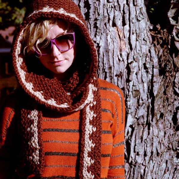 The All Good Scood in chocolate and barley - hand knit hooded scarf