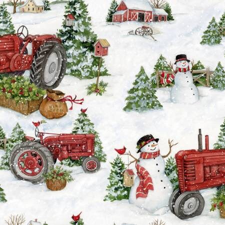 Winter Farm Red Tractor Fabric by Springs Creative 44" Wide - Machine Washable- Cotton, CP74494, Adorable!
