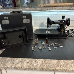 Vintage Singer Featherweight 221 Sewing Machine W/Case, Manual, Huge Lot! Tons of Accessories! Works!