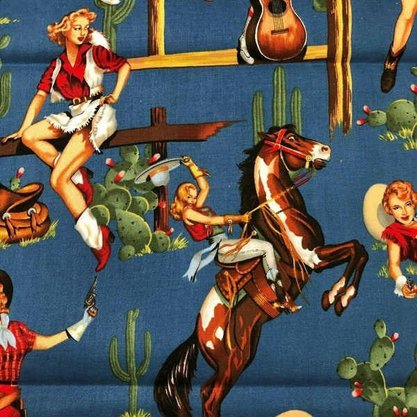 Alexander Henry Fabric Vintage Pin Up Cowgirls- FROM THE HIP Blue Background